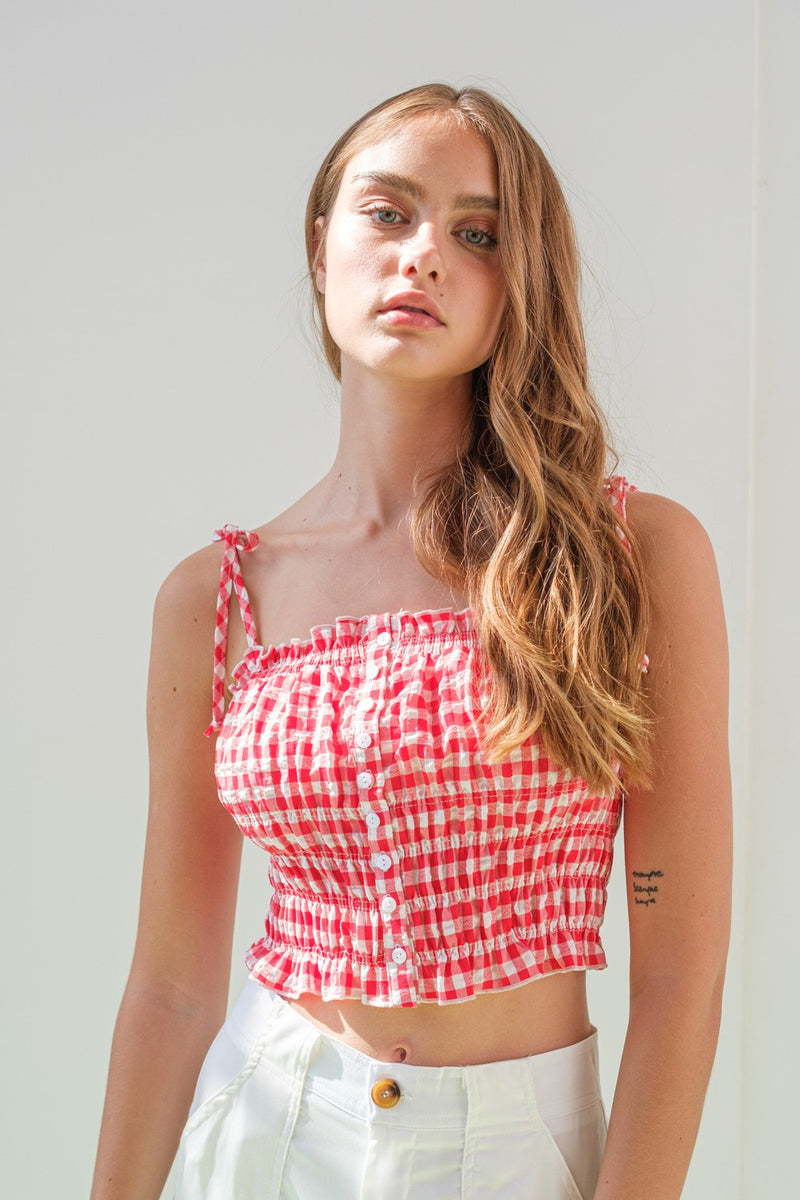 GINGHAM SMOCKED CAMI IN RED
