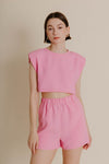 WAFFLE KNIT SHOULDER PAD TANK IN PINK