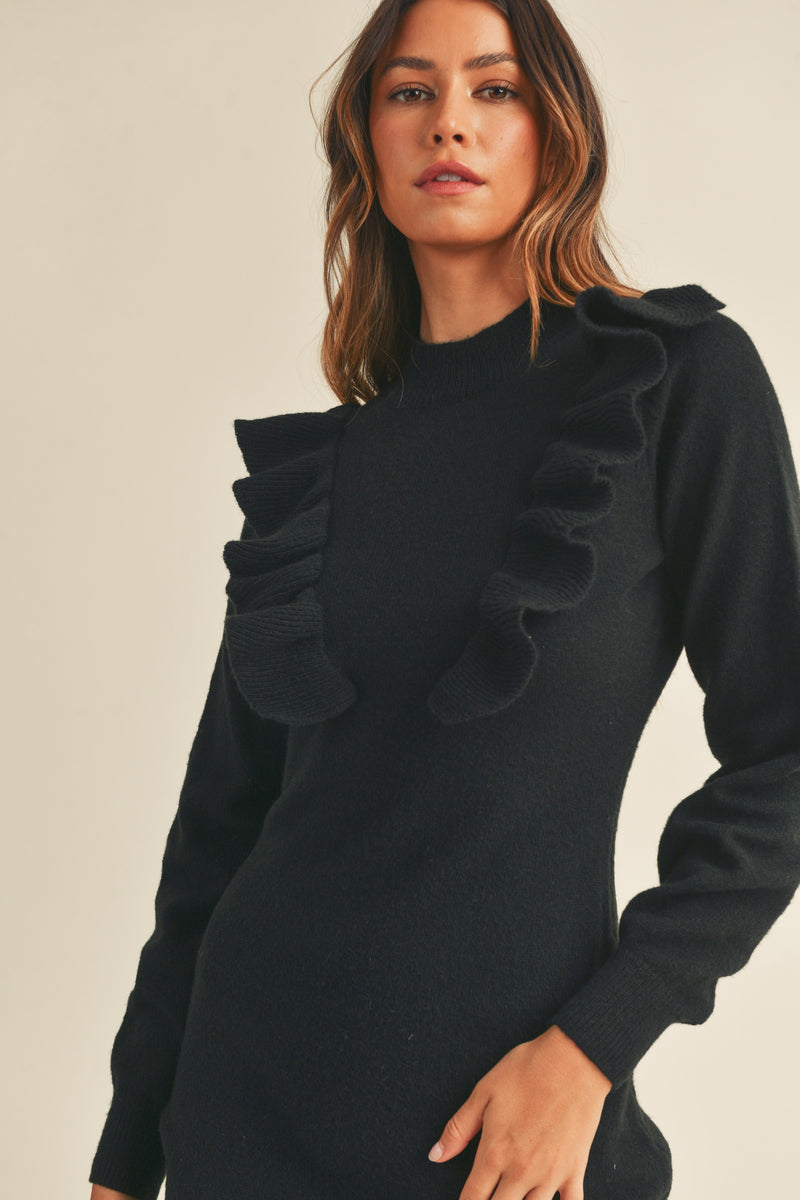 FRONT RUFFLE DETAILED SWEATER DRESS IN BLACK