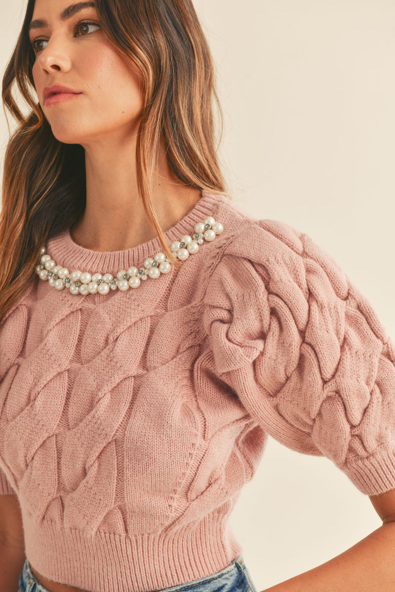 PEARL AND RHINESTONE CROPPED SWEATER IN ROSE