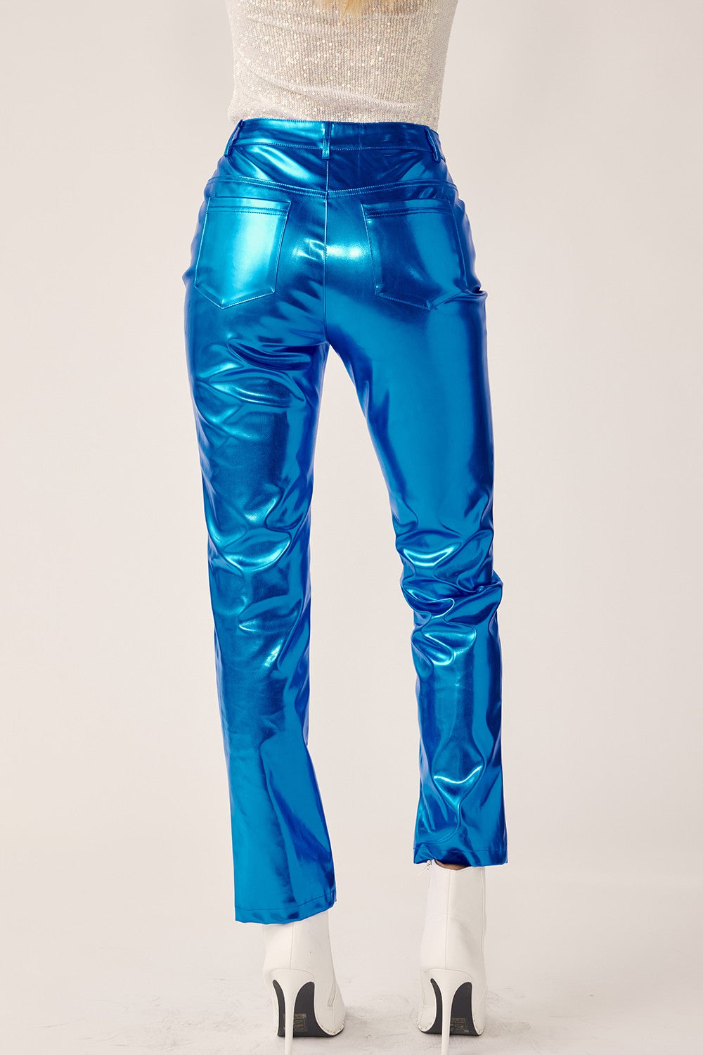 METALLIC FAUX LEATHER PANTS IN COBALT BLUE
