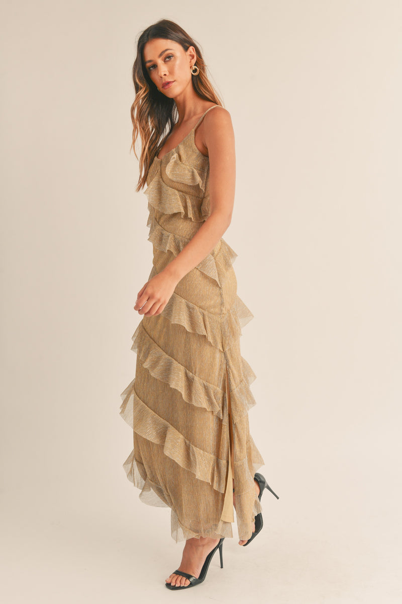 TIERED RUFFLE MAXI DRESS IN GOLD