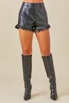 RUFFLE DETAIL LEATHER SHORTS IN BLACK