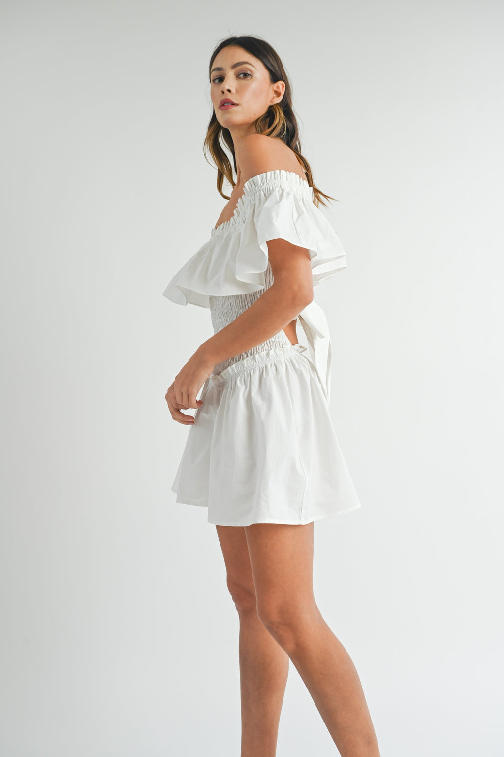 RUFFLED OFF THE SHOULDER ROMPER IN WHITE