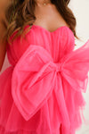 FRONT BOW DETAIL RUFFLED TULLE MINI DRESS