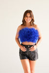 FANCY STRAPLESS FEATHER CROP TOP IN ROYAL BLUE | BUDDY LOVE
