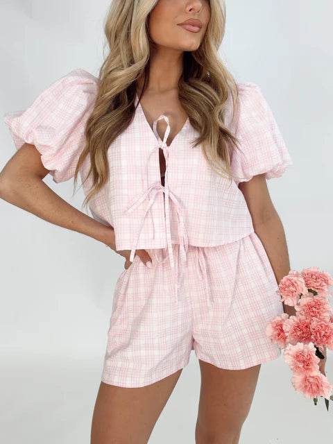 PLAID BOW TIED BUBBLE TOP AND SHORT SET