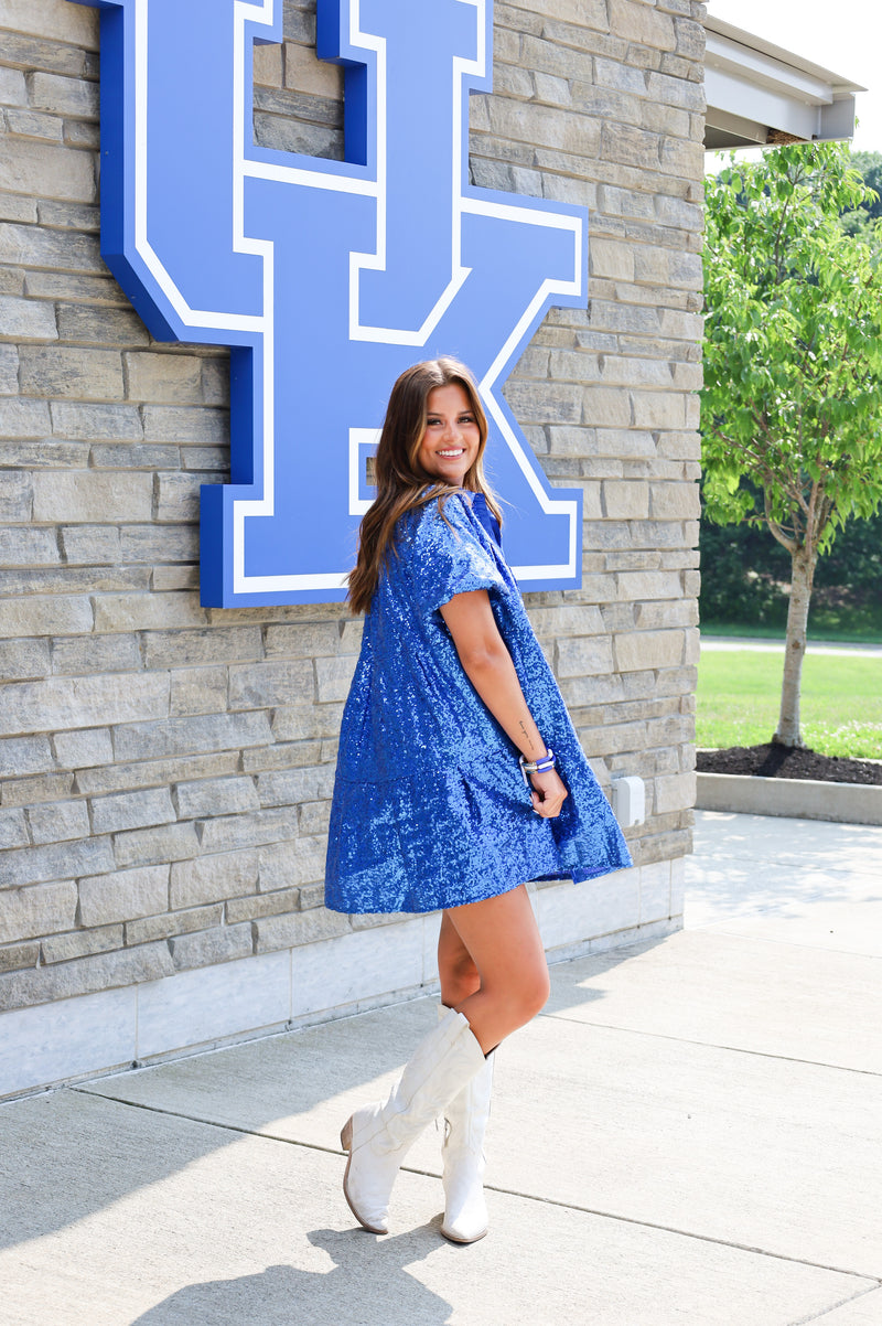 SEQUINS TIERED T-SHIRT DRESS IN ROYAL
