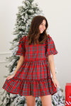 PLAID PUFF SLEEVE DRESS IN RED/GREEN