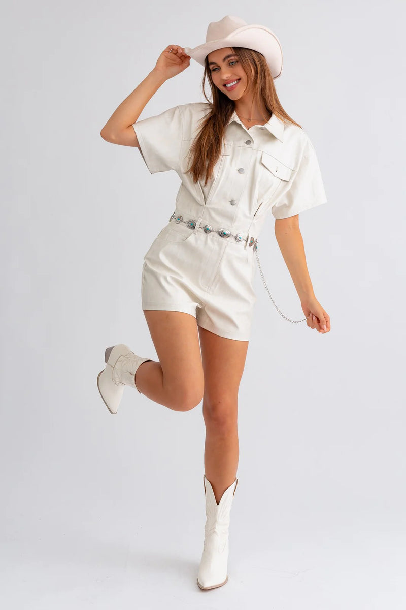 FAUX LEATHER SHORT SLEEVE ROMPER IN CREAM