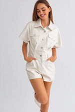 FAUX LEATHER SHORT SLEEVE ROMPER IN CREAM