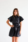 PLEATED FLUTTER SLEEVE LEATHER DRESS
