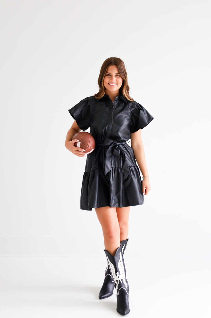 PLEATED FLUTTER SLEEVE LEATHER DRESS