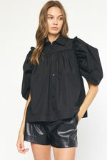 BUTTON UP PUFF SLEEVE TOP IN BLACK