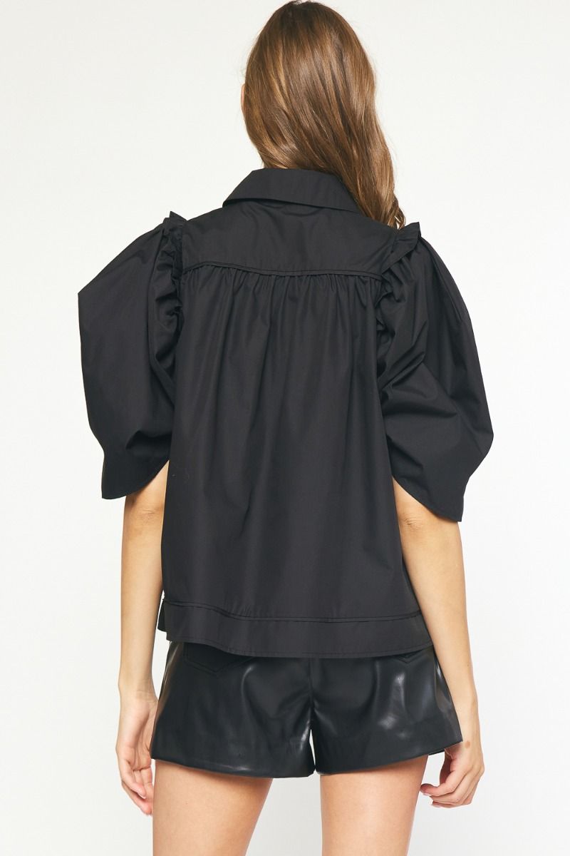 BUTTON UP PUFF SLEEVE TOP IN BLACK