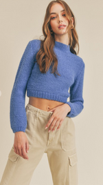 SHOULDER PAD FUZZY SWEATER IN BLUE