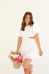 WHITE PUFF SLEEVE DRESS WITH CUTOUT